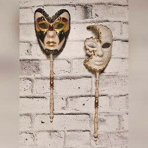 Vintage Venetian Masquerade Wall Masks Set of 2 Gold Harlequin 19 Inch Decor